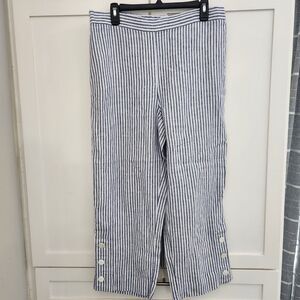 Chicos Linen Button Hem Striped Crop Ankle Straight Leg Pant Pull On 1.5 Size 10